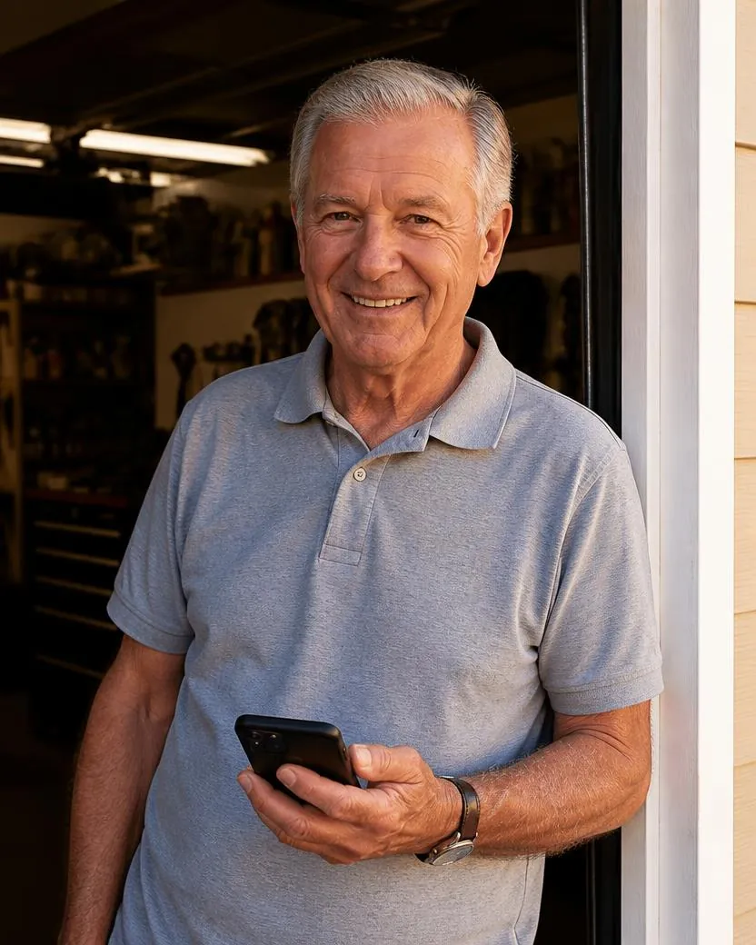 Older man checking his phone in his garage doorway
