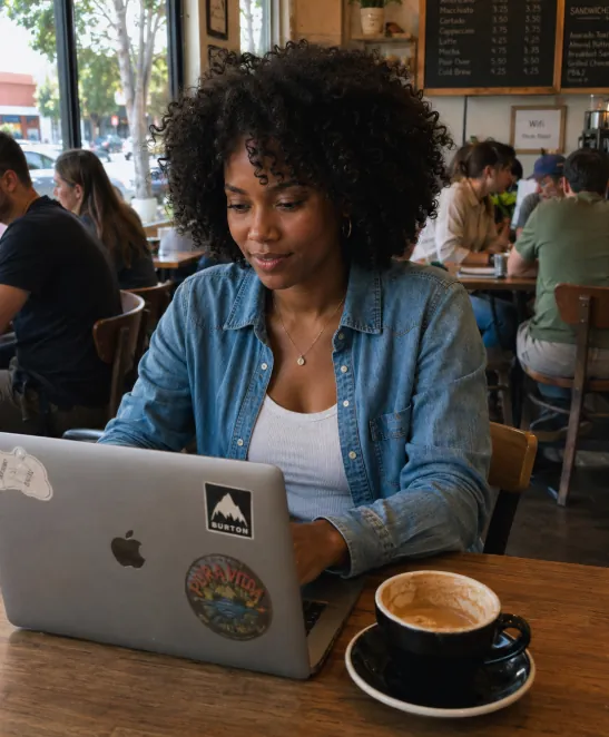 Woman working on her laptop in a cafe