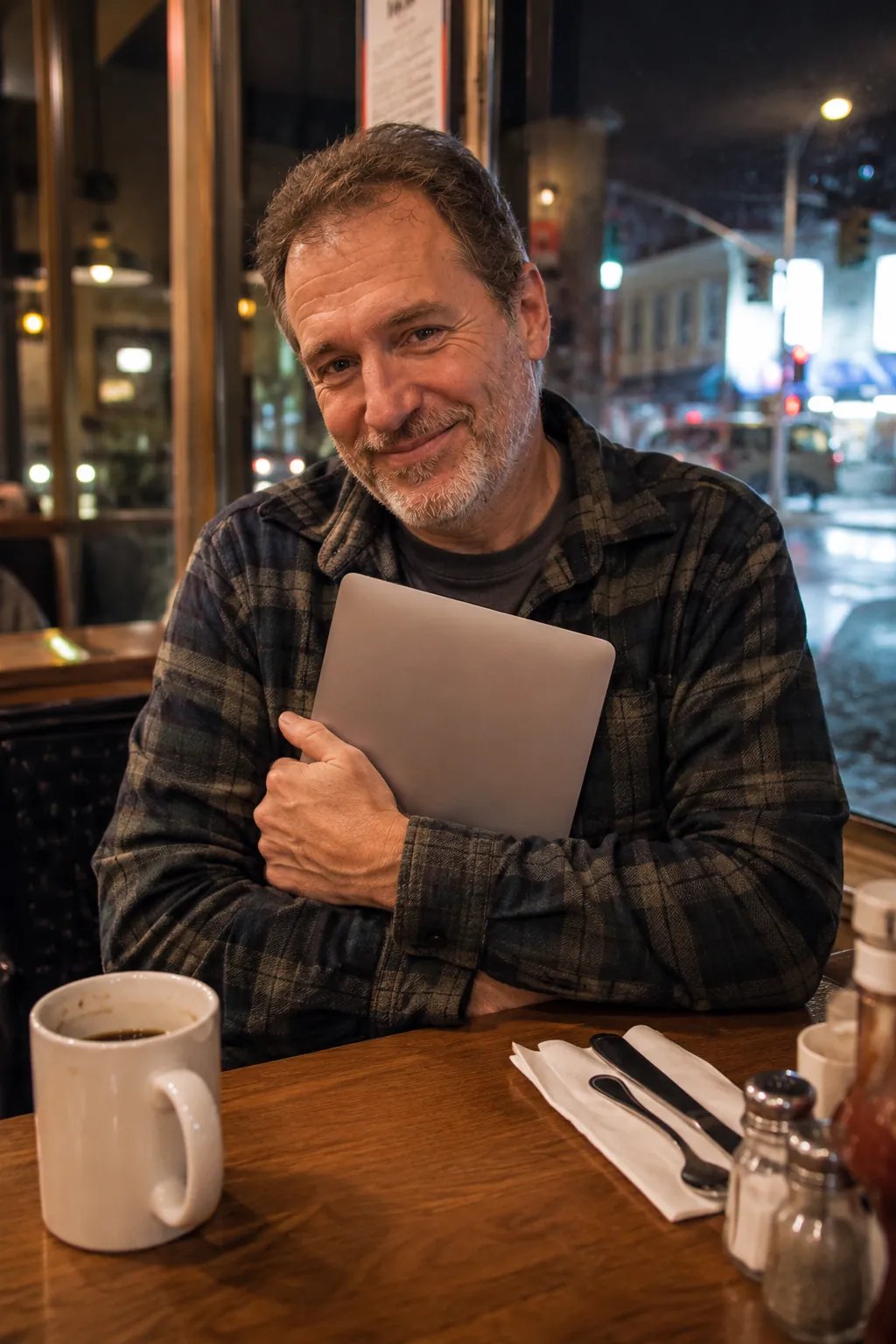 Man holding his laptop at a diner in the evening