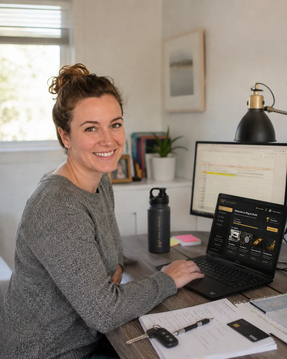 Woman smiling at her laptop at her home desk