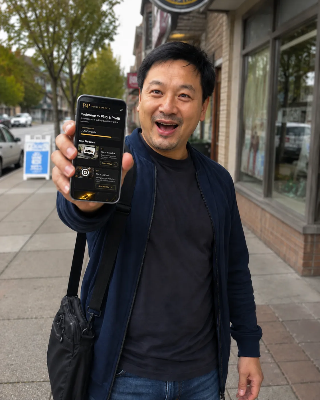 Man proudly showing his phone screen on the street